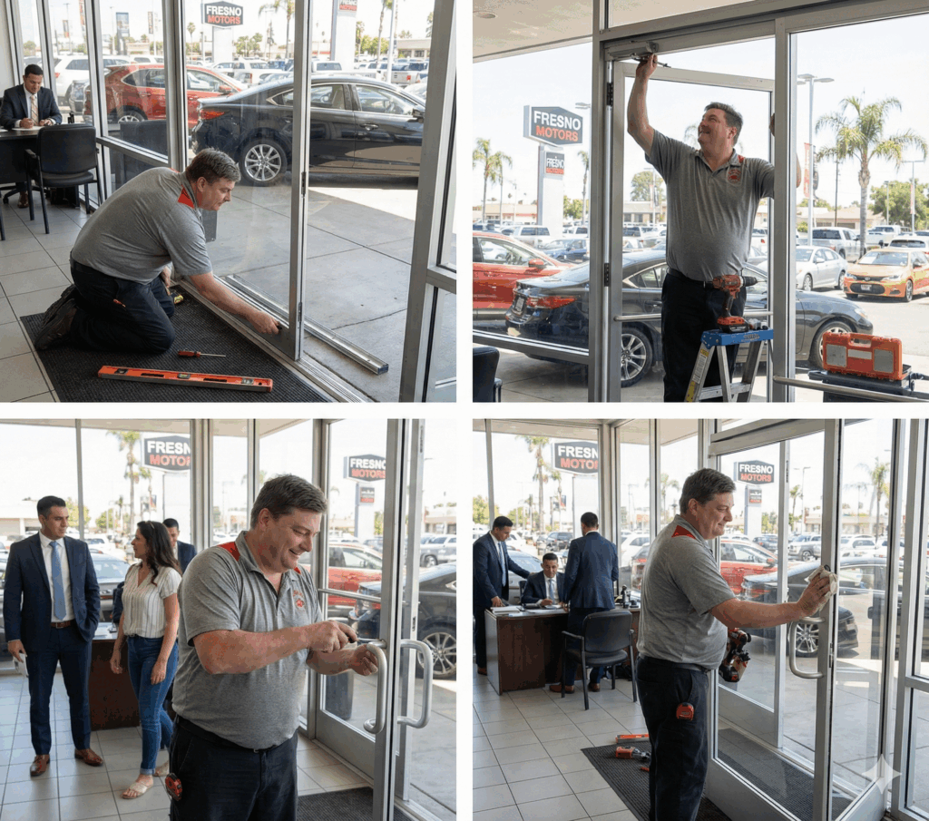 My Quality Handyman Car dealership glass door repair